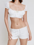 Women 2 Piece Summer Outfits Short Sleeve Square Neck Ruffle Ruched T-shirts Crop Tops Low Waist Shorts Clubwear 2024-Outfit