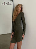 Elegant Fashion Office Lady Tie Up Mini Dress for Women Spring Fall Sexy Club Party V-Neck Bodycon Dresses