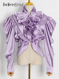 Purple Shirts For Women Loose Patchwork Fungus Turtleneck Puff Sleeve Short Blouses Female 2022 Autumn Clothing