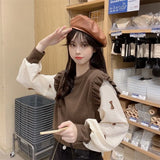 Spring Splicing Bubble Sleeve Knitted Sweater Women's Season Design Sense Niche Lotus Side Long Sleeve