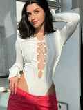 Knitted Long Sleeve Tie Up Sexy Bodysuit Bandage Patchwork Bodycon Club Party Body Women Outfit High Waist Top-Outfit
