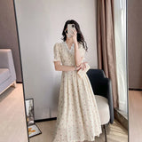 Elegant Chiffon Dress Women Vintage Print Floral Puff Sleeve Casual Female Dress V-neck Pretty Party Lace Dress 2021