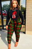 Casual Print Long Sleeve Top And Plaid Suspender Pant 2 Piece
