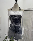Vintage Print Shoulder Irregular Long-Sleeved T-Shirt Hanging Neck Slim Thin Short Bottom Top