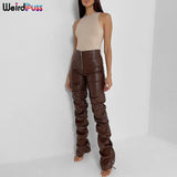 Puss Faux Leather Pants Cyber Y2K Vintage Stacked Zipper Side Slit Drawstring Pencil Pants Trend Streetwear Slim