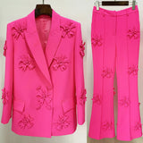 Hot New Double Buckle Heavy Industry Three-Dimensional Flower Decoration Suit Jacket + Trousers