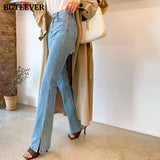 Chic Casual High Waist Pockets Women Straight Jeans Trousers Streetwear Split Long Denim Pants Femme 2021 Spring