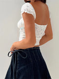 Retro Women Square Neck Ruched T-Shirts Short Sleeve Floral Print Slim Fit Crop Tops Front Tie-up Tees Clubwear 2024-Outfit