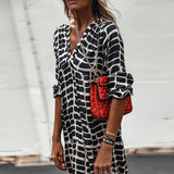 Loose Oversized Chiffon Dress Women Casual Chic Print Long Maxi Dresses V Neck Long Sleeve Korean Dress Vestido