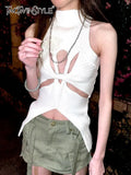 Knitting Cut Out Tank Tops For Women Round Neck Sleeveless Solid Minimalist Vests Female Sexy Clothes Style