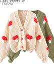 Autumn Winter Sweet Cute Handmade Mushroom Sweater Women Loose V-Neck Casual Short Knit Cardigan Jacket Female