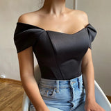 Women Satin Sexy Off Shoulder Bodycon Corset Crop Tops Ladies Solid Color Skinny Tunic Tube Tops Party