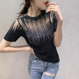 Summer Korean Clothes Knitted shirt Short Sleeve Elastic Tees Sexy Diamonds Transparent Women Tops Ropa Mujer Shirt