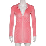 Autumn Winter Velvet Long Sleeve Bodycon Short Dresses Women Pink Solid Cute Vintage Elegant Sexy Zip Up Party