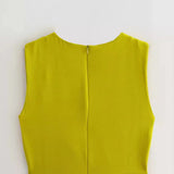 New Spring Style Side Pleated Dress With Long Sleeveless Midi Dress-Outfit