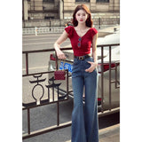 Atmosphere Feeling Hong Kong Style Wearing Red V-Neck Repair Short-Sleeved T-Shirt With Temperament Micro-Tipped Jeans Women Two