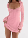 Elegant Women Lace Floral Long Sleeve Patchwork Short Mini Dress Low Cut Push Up High Waist A-line Dress Vestido 2023-Outfit