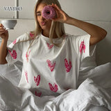 Round Neck Heart-shaped Printed T-shirt 2024 Fashion Hole Design Washed Short-sleeved T-shirt Loose Trendy Summer Top-Outfit