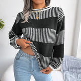 O-neck Knitted Pullover Autumn Casual Stripe Loose Sweater 2023 Long Sleeve Fashion Woman Spring Chic Soft Tops