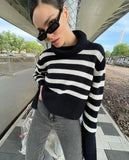 Fashion Beige Stripe High Collar Slit Long Sleeve Knit
