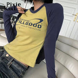 Long Sleeve Graphic T Shirts Retro Y2k Clothes for Women Letter Printed Raglan Sleeves Crop Tops