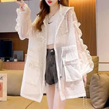 Clothing Sequined Pockets Shirt Casual Hooded Spring Summer Zipper Ruffles Spliced Korean Shirring Drawstring Midi