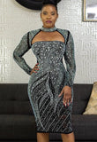 Sexy Black Hollow Out Reinestone Long Sleeve Bodycon