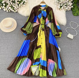 Quality Light Extravagant Lantern Long Sleeved Round Collar Waist Slim Single Breasted Printed Dress Elegant Long Skirt-Outfit