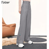 Women Pants 2022 Winter Back Waist Elastic Straight Loose Trousers Gray Warm Chic Casual Streetwear Long Suit