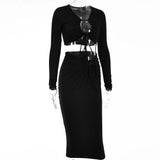 Spring Fall Sexy Bandage Maxi Skirt Suit Long Sleeves Hollow Out Top And Skirts Sets For WomenS Party Bodycon