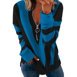 Autumn Print Striped Sweatshirt V Neck Long Sleeve Half Open Zipper Sweatshirts Elegant Ladies Tops Outfits Outwear-Outfit