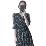 Korea Fashion Clothing Summer Slim Elastic Waist A Line V Neck Elegant Office Lady Floral Chic Chiffon Long Dress