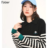 Women Sweaters 2022 Winter Long Sleeves Plush Polo Neck Knitted Pullover Black and White Stripes Warm Casual Chic