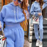 Fleece Letter Two Piece Set Casual Loose Female Tracksuits Hoodies Long Sleeve Shorts Sweatshirt And Jogging Pants