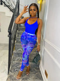 Summer Sexy Womens 2 Two Peice Set Outfits Sleeveless Backless Tops Skinny Mesh Skinny Print Pants Sets Blue Matching