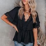 Lace Hem Tunic Solid Women Blouse Tops Short Sleeve Lace Up Hollow Out Ruffles Loose Female Blouses Summer Casual