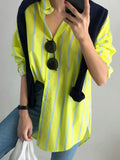 Fashion Casual Striped Shirt For Women Lapel Long Loose Colorblock Blouses Female Spring Clothing New 2022