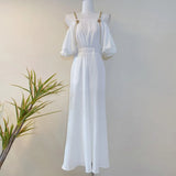 Solid Wide Leg Pants For Women Square Collar Short Sleeve Off Shoulder Patchwork Chain Solid Jumpsuit Female