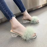 Woman's Slippers Low Square heel Slides Big Size Fur Flip Flops 2022 Summer Soft Block Plush Rome Basic PU Fabric Hoof