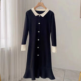 Women Single Breasted Turn Down Collar Knitted Sweater Spring Long Sleeve Elegant Slim Bodycon Knee Mermaid Dress Black