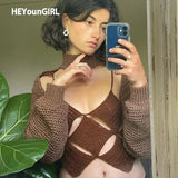 Brown Y2K Casual Cropped Top Knitted Sweater Autumn Long Sleeve Turtleneck Pullover Women Fashion Korean