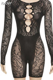 Summer Solid Hollow Out One Pieces Rompers Club For Women 2023 Long Sleeve See Through Slim Playsuits Elastic