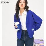 Women Cardigan 2022 Autumn Long Sleeve V Neck Loose Knitwear Klein Blue Geometric Jacquard Elegant