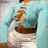 sexy hollow out bandage tops women neon color Ribbed knitting tee shirt female 2021 summer club party street casual