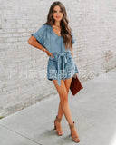 Piece Jeans Stretch Jumpsuits Women V Neck Short Sleeve Solid Denim Casual Rompers Ladies Lace Up Playsuits Pockets-Outfit