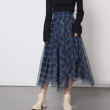 Hit Color Casual Patchwork Mesh Women's Skirts High Waist Plus Size Loose Plaid Skirt Female 2023 Autumn Clothing