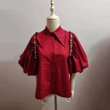 Elegant Solid Women's Shirt Lapel Puff Short Sleeve Patchwork Diamonds Loose Fashion Woman Blouses 2022