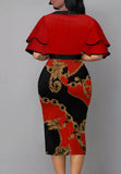 Printed Vintage Bow Short Sleeves Cascading Ruffle Pencil Midi