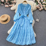 2022 Summer New Lace Embroidery Dress Women Long Sleeve Dresses Female Vintage Party Beach Maxi Long