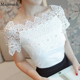 Elegant Hollow Out Casual Women Top Women Short Sleeve White Blouse Ladies Blouses Sexy Women Lace Stitching Shirt